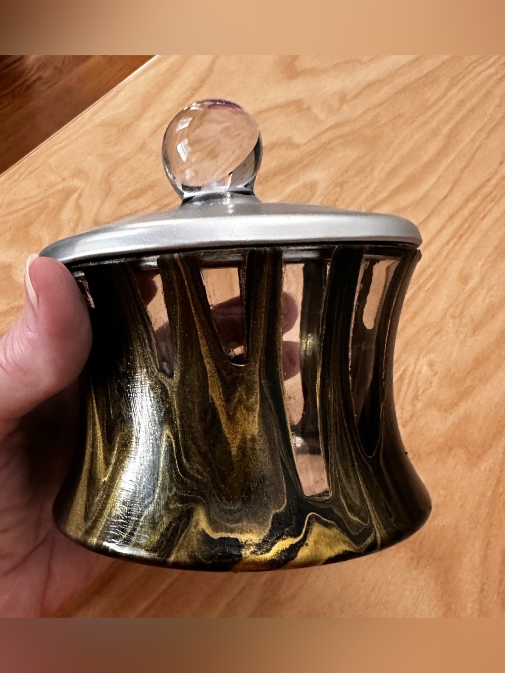 Hand crafted Glass Canister with Clear Knob Lid Gold and Black